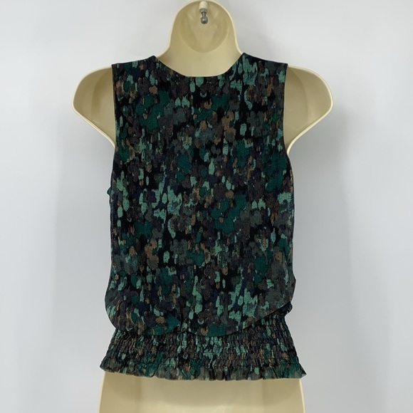 Evereve smocked sleeveless mesh blouse shirt top green faux wrap green brown XS - Picture 3 of 5